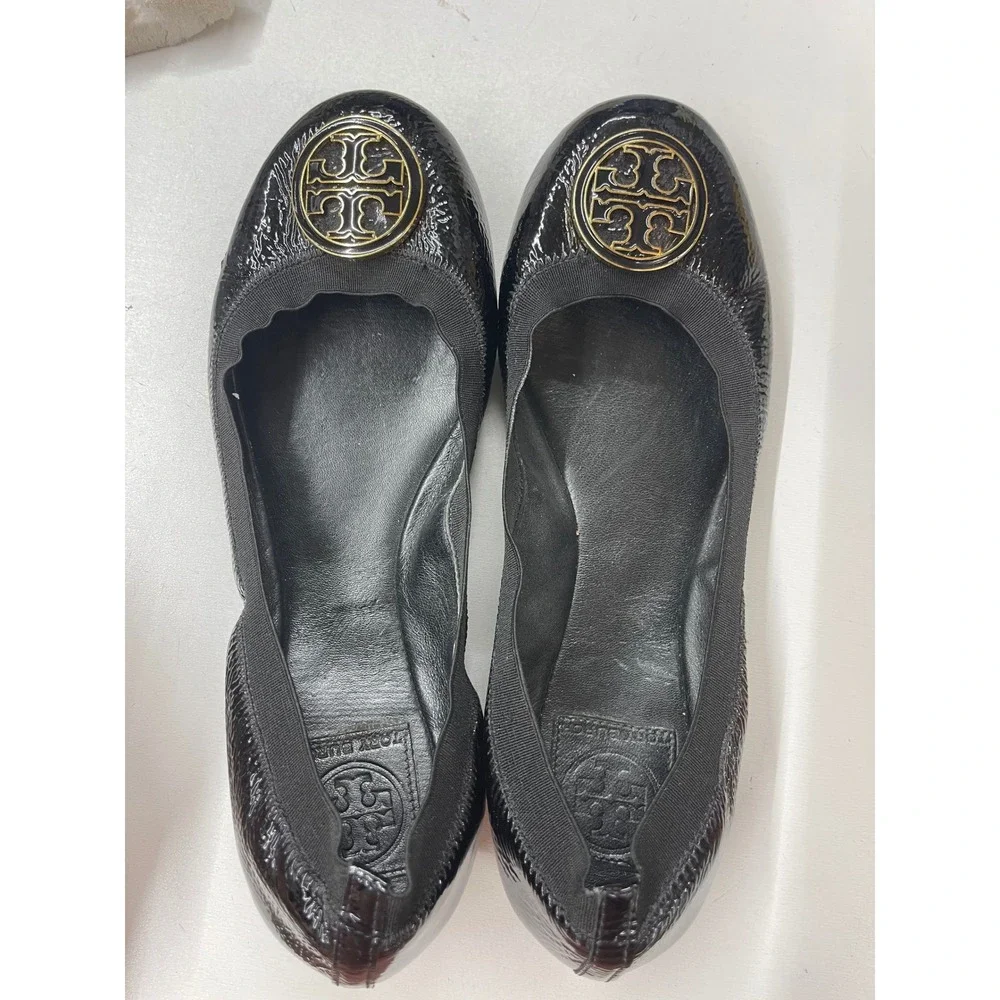 Tory Burch Reva Black Patent Leather Gold Logo Ballet Flats Size 10M